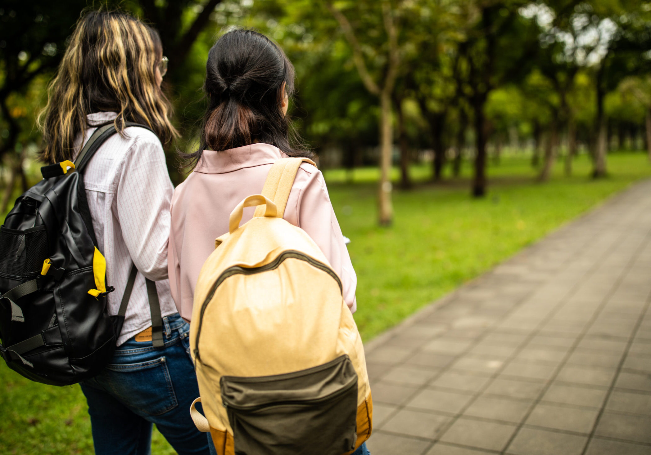 Rear view of  students walking in public park on spring day, wearing backpacks and talking